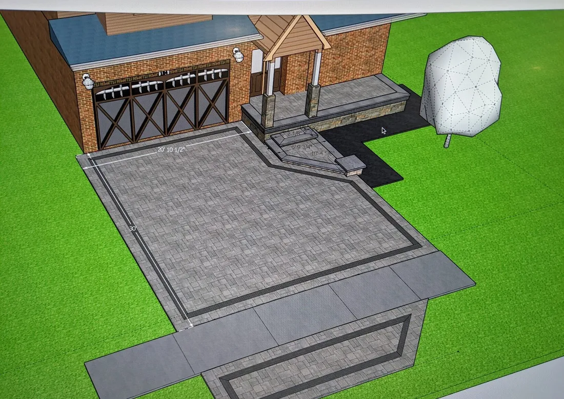 A replication of a property in a CAD-like software, showcasing a driveway, steps, and landing