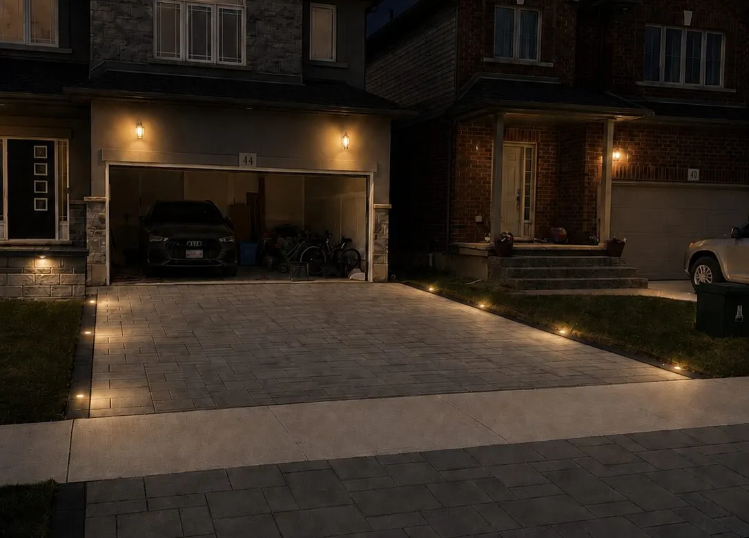 Finished front hardscape area used as a generic reference for completed lighting coordination.