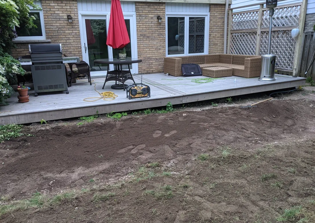 A backyard with a deck