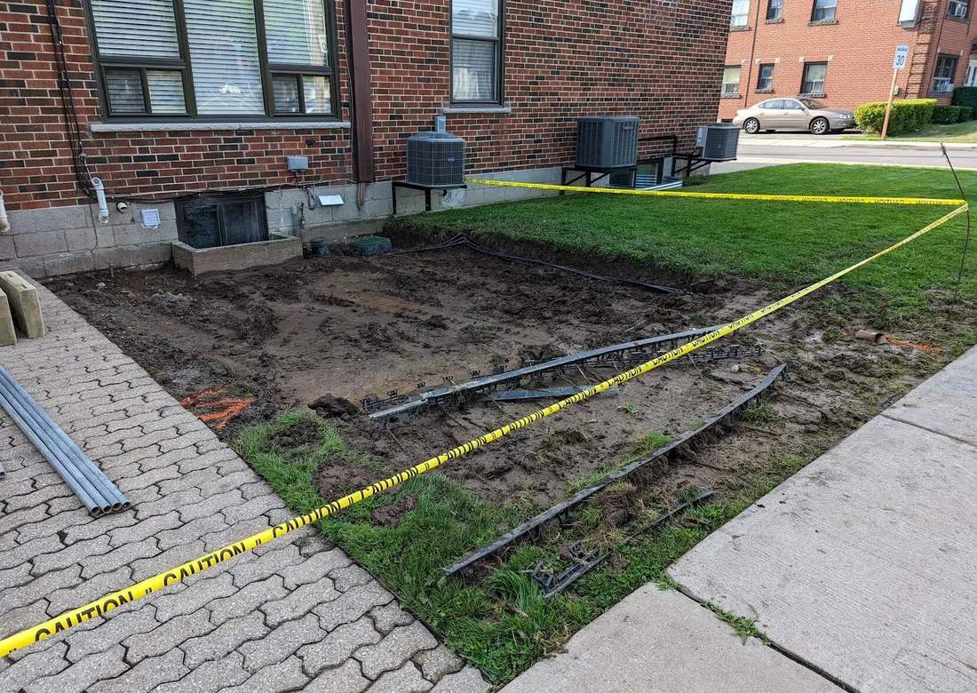 A dated interlock backyard